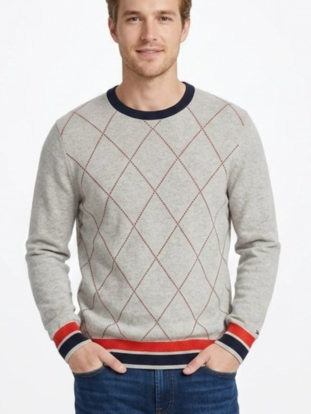 Tommy Hilfiger Men’s Size L Argyle Crew Neck Sweater Beige Preppy Knit Pullover